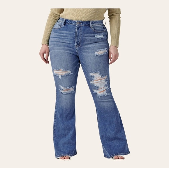 Super Slim Flare High Rise Distressed Plus Size 18 Jeans - Picture 3 of 4